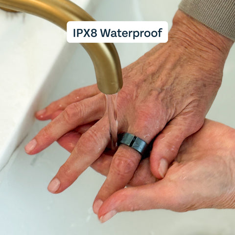 Person washing hands with a waterproof ring on a sink, featuring IPX8 waterproof text.