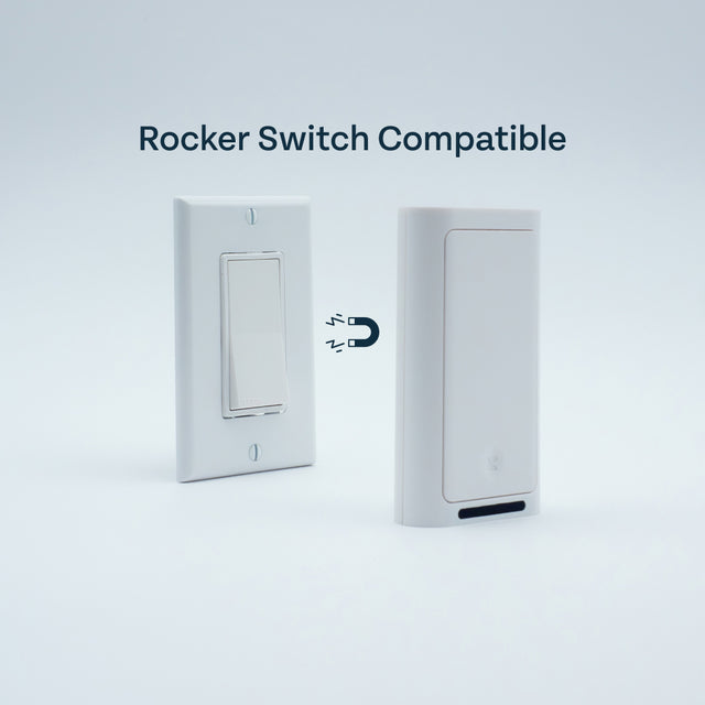White rocker light switch on a wall plate beside a white Lotus switch cover with a magnetic connection icon between them. Label reads 'Rocker Switch Compatible.'