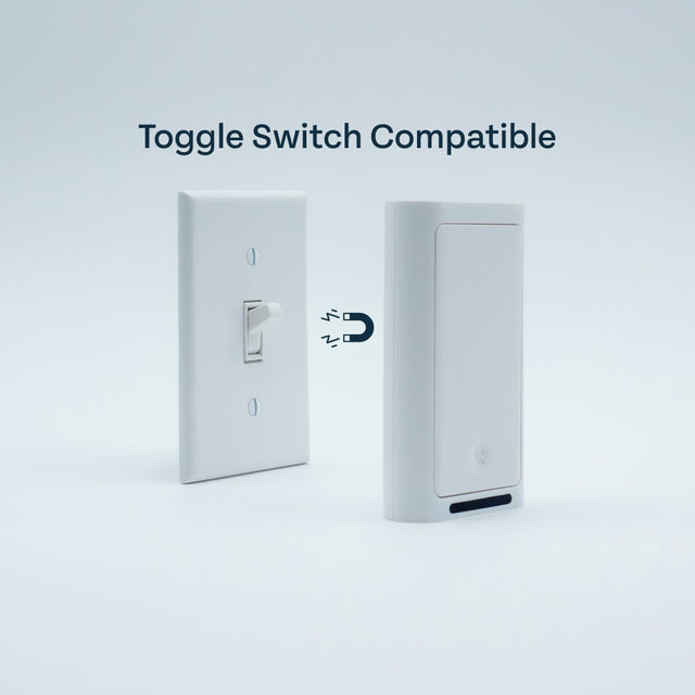White toggle light switch on a wall plate beside a white Lotus switch cover with a magnetic connection icon between them. Label reads 'Toggle Switch Compatible.'
