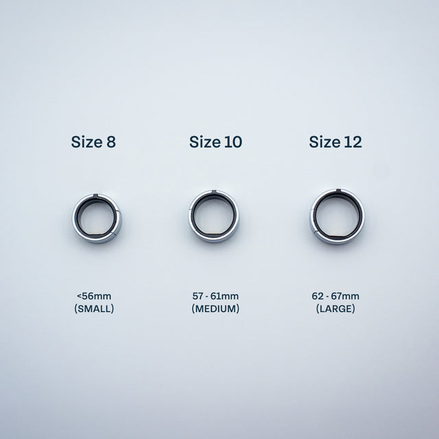 Three silver Lotus rings arranged horizontally on light gray background. Left to right: Size 8 (under 56mm, SMALL), Size 10 (57-61mm, MEDIUM), Size 12 (62-67mm, LARGE)